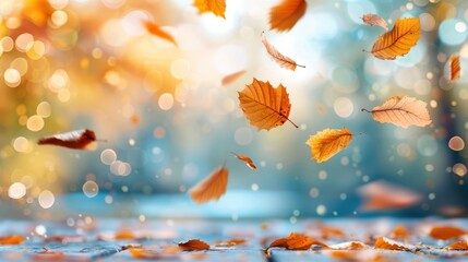 Image showing autumn leaves falling delicately onto a surface, with a blurred background that includes bokeh lights creating a dreamy and vibrant atmosphere.