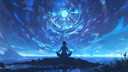 A Woman Seated in a Lotus Position Watching a Circular Cosmic Glass Pattern in the Sky