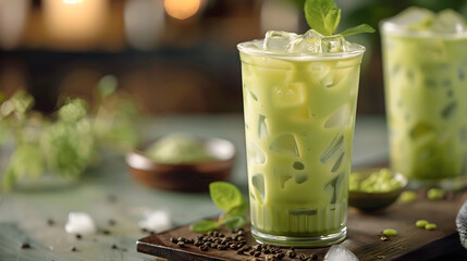 Iced green tea in glass,Sweet Thai green milk tea, refreshing drink