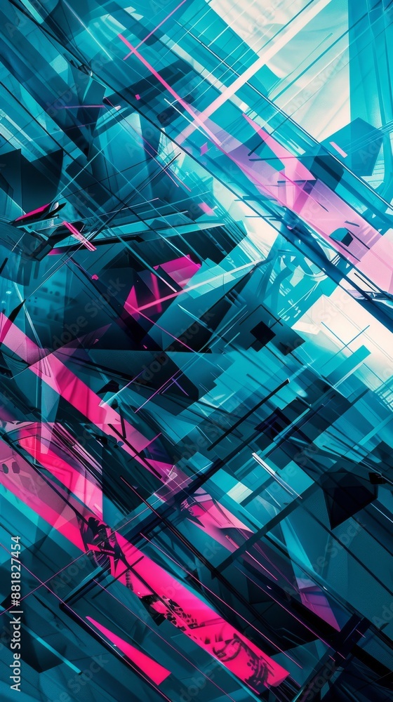Poster geometric shapes in blue and pink hues are overlapping, creating an abstract background with a sense
