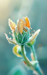 Close-up of a green flower bud with dew drops in sunlight.