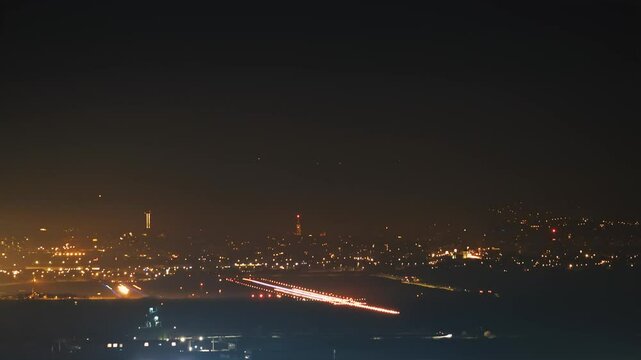 Aircraft crowded traffic timelapse at the airport at night