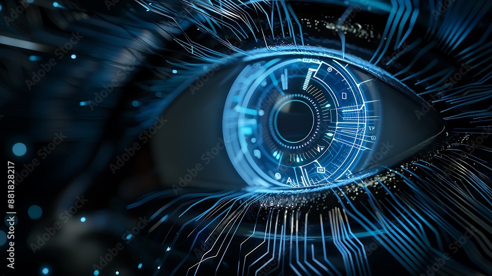 Aufkleber digital background featuring an eye with blue and silver elements, surrounded by circuit patterns an