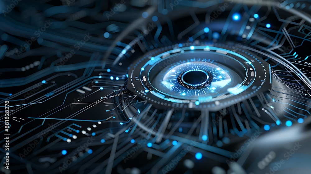 Poster digital background featuring an eye with blue and silver elements, surrounded by circuit patterns an