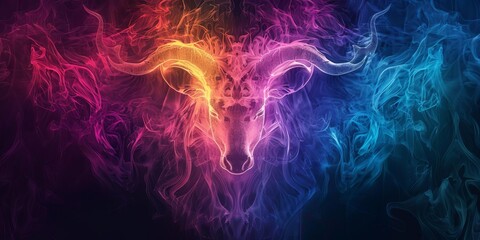 Obraz premium Vibrant, colorful smoke art depicting a ram skull, blending red, pink, blue, and orange hues, creating a mesmerizing, mystical visual effect.