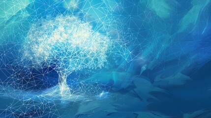 Digital tree with sprouts and binary code in glowing futuristic polygonal style. Poster for an educational program for children. Technology training for teenagers. Vector illustration