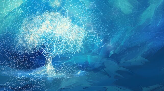 Digital tree with sprouts and binary code in glowing futuristic polygonal style. Poster for an educational program for children. Technology training for teenagers. Vector illustration