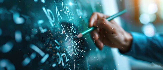 A teacher writing equations on a blackboard with chalk dust in the air close up, surreal, Fusion, vintage classroom backdrop