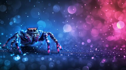 Vibrant macro shot of a colorful spider illuminated by pink and blue bokeh lights, creating a magical and fantasy-like atmosphere.