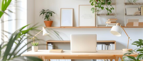 A beautifully decorated home office with motivational posters and bookshelves copy space, vibrant, Composite, stylish home office backdrop