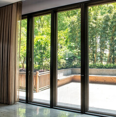 Iron windows in Asian interior living room