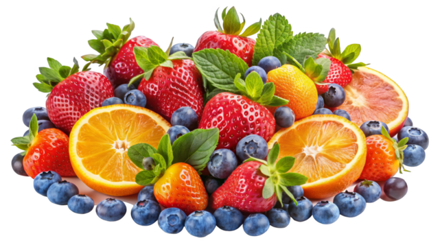 Fruit-Bearing Plants - Plants with visible fruits like strawberries, blueberries, and oranges on a transparent background. 