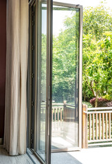 Iron windows in Asian interior living room