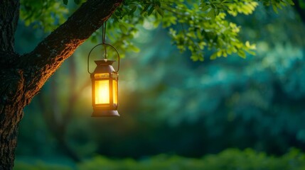 Vintage lantern hanging from a tree branch glowing warmly amidst lush green foliage at dusk, evoking a sense of peace and serenity.
