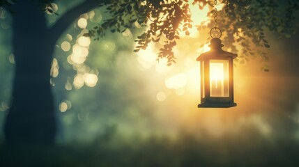 Vintage lantern hanging from a tree branch in a serene forest setting, illuminated by warm, soft sunlight filtering through the leaves.