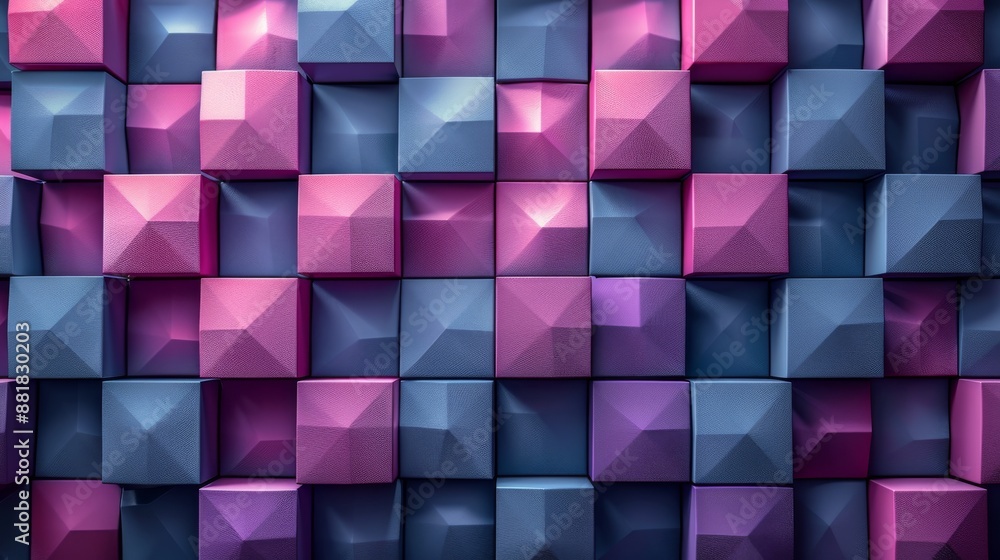 Poster abstract background formed by a geometric pattern of purple and blue cubes with a pyramid relief, cr
