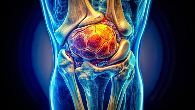 Colorful axial cross-sectional magnetic resonance imaging scan of a human knee joint showcasing intricate details of ligaments, cartilage, and surrounding tissues.
