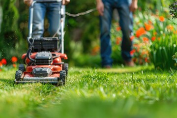 Fototapeta premium Lawn mower cutting grass in the garden. Gardening concept