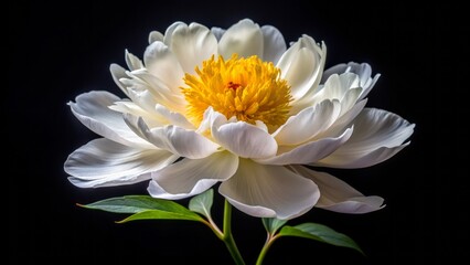 Isolated delicate white peony flower with soft petals and yellow center against a stark black studio background.
