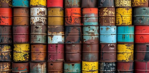A gritty industrial storage yard filled with stacked rusty oil drums, portraying the rugged essence of heavy industry and manufacturing.