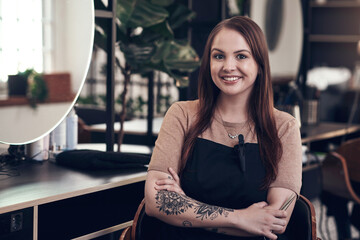 Portrait, woman and hairdresser in salon, arms crossed and small business for haircare, employee and apron. Startup, service and person with tools for working, entrepreneur and pride for barber shop