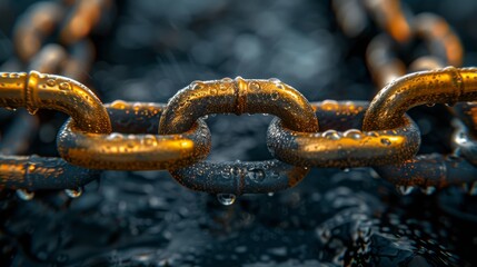 Close-up of a wet, golden chain glistening in sunlight symbolizes strength and connection, with rain droplets adding sparkle and highlighting its heavy, industrial nature