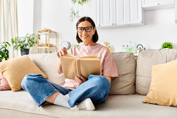 A mature woman in cozy homewear relaxes on a couch, engrossed in reading a book.