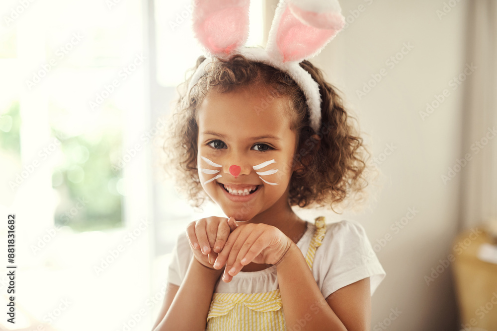 Poster Girl portrait, rabbit hands and face paint for holiday celebration, creativity and headband in home. Child, mask painting and bunny ears for Easter tradition with playful acting, fun and facial art