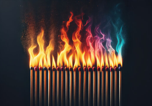 Nahaufnahme brennender Streichhölzer in Regenbogenfarben, dunkler Hintergrund mit Reflektionen