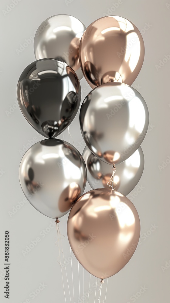 Poster shiny silver and gold metallic balloons floating gracefully in the air, casting reflections on a cle