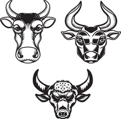 Set of hand drawn bull heads on white background. Design elements for emblem, sign, badge. Vector illustration