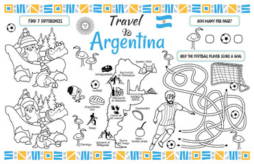 A fun placemat for kids. Printable “Travel to Argentina” activity sheet with a labyrinth and find the differences. 17x11 inch printable vector file
