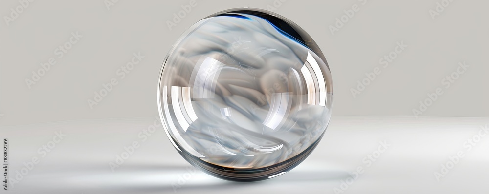 Poster transparent glass sphere is standing on a neutral surface, creating a distorted reflection of the su