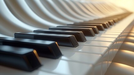 Shiny black and white piano keys are lined up in a row, creating a pattern of light and shadow. The elegant curve of the grand piano's body adds to the artistic appeal