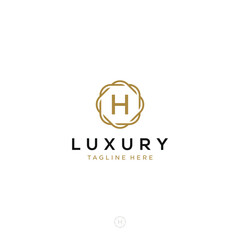 Luxurious minimalist elegant sophisticated Initial H letters geometric rounded hexagonal badge logo design vector with line art style in gold colors for hotel, boutique, jewelry, restaurant or company