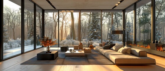 Fototapeta premium Serene Minimalist Living Room with Spacious Windows and Natural Sunlight