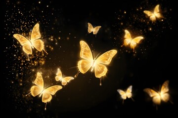 Magical golden butterflies with glowing light on black background 