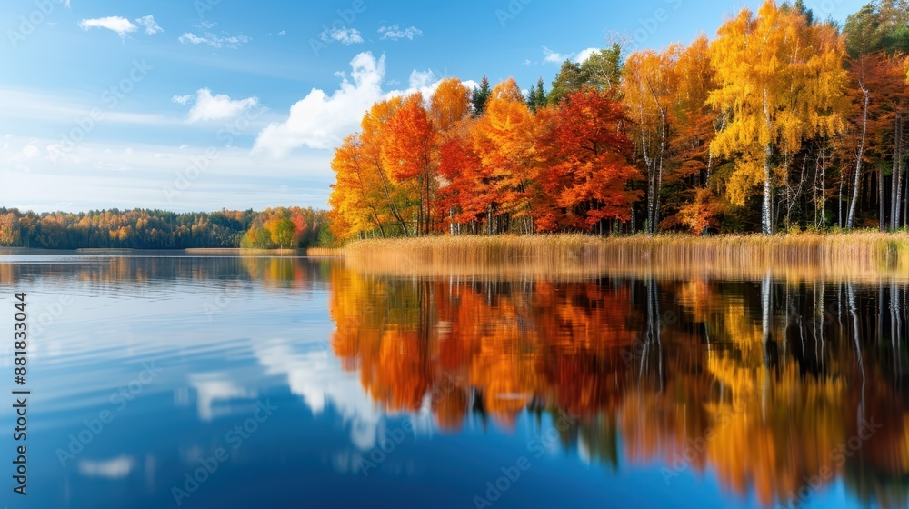 Poster a captivating image of lakeside autumn trees with their reflections mirrored in still waters and a c