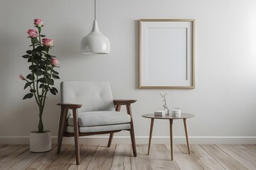 frame mockup on white wall with chair and rose plant, frame mockup 