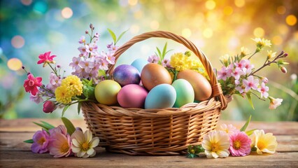 Vibrant multicolored Easter eggs surrounded by lush blooming flowers in a delicate wicker basket against a soft pastel background.