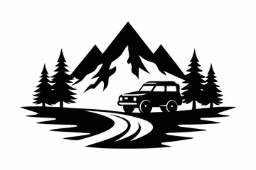 An off-road car pine trees, with a majestic mountain and flowing river vector illustration on white background