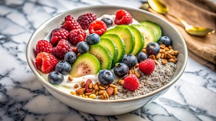 Vibrant, nutrient-dense breakfast bowl featuring creamy yogurt, crunchy granola, sliced avocado, mixed berries, and chia seeds on sleek marble background.