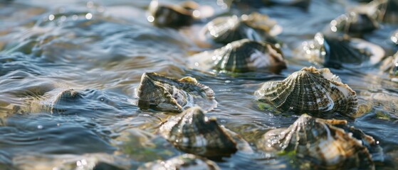 Close-Up of Scallops in Shallow Coastal Water on a Sunny Day