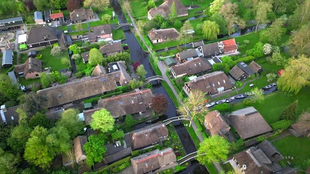 Giethoorn Drone View. Netherlands Village Aerial Footage. The most beautiful Dutch Village. The Venice of Netherlands.
