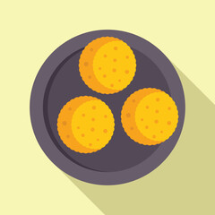 Three round crackers with holes are sitting on a dark round plate