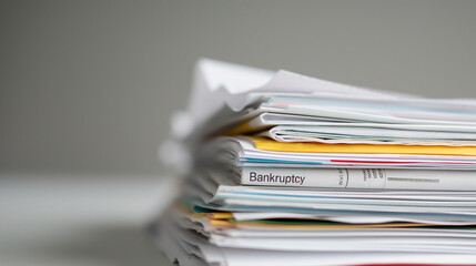 A close-up of a stack of papers labeled "Bankruptcy," representing financial difficulties and legal processes associated with bankruptcy. The documents are stacked on a white background.