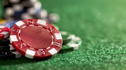 Close-up shot of a red poker chip on green felt with a blurred stack of poker chips in the background, captured in a vibrant casino environment.