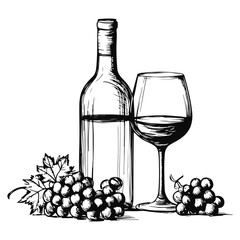 monochrome sketch of wine bottle, glass and grapes on a white background