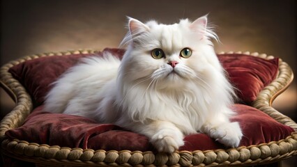 Majestic, fluffy, snow-white Persian cat with buzz cut hairstyle lounges regally on plush, velvety cushion, exuding opulence and refinement.