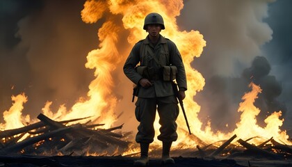 Obraz premium A male soldier in military uniform, calmly standing his ground as a raging fire consumes the surroundings